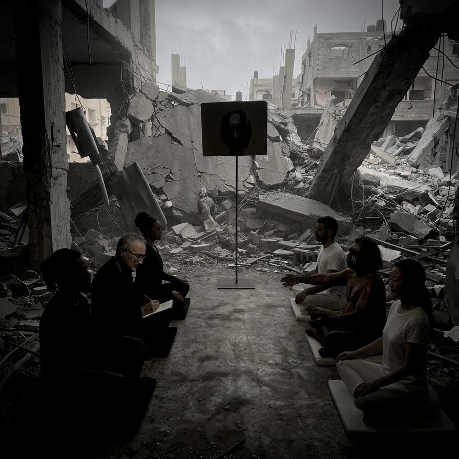 Knowing gathering amid destroyed buildings in Gaza