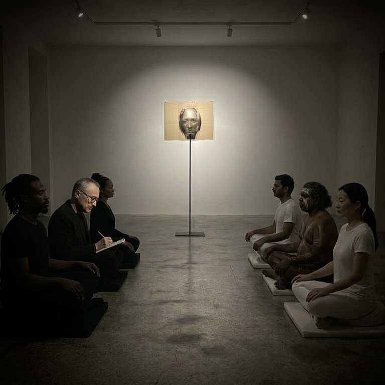 People meditating in front of a portrait painting