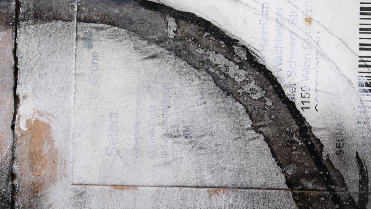 Pale abstract field crossed by a dark curved seam and traces of parcel markings